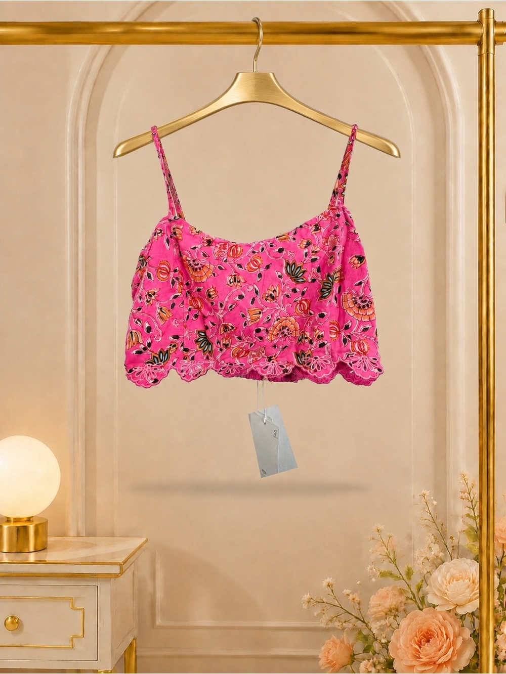Caroline Constas Pink Floral Embroidered Scalloped Crop Top M NWT